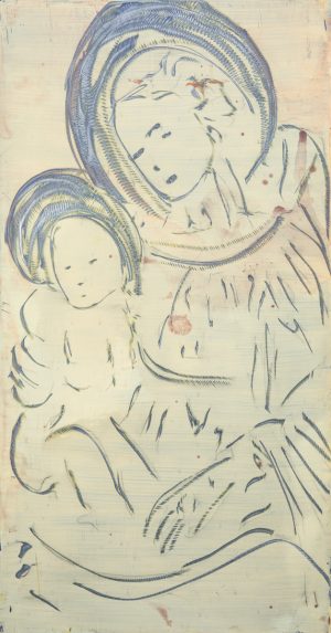 Title of the painting: Madonna col Bambino Incision and painting on aluminum plate surface. Dimensions: 50 x 85 cm | 19 x 33,4 inch.